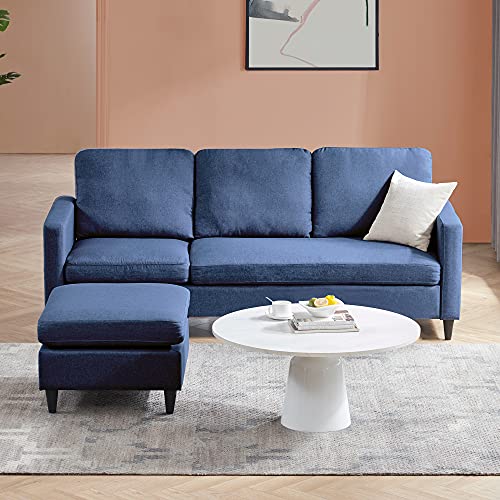 GAOFEIYANG Set Modern Linen Reversible Sectional Sofa w/Chaise Lounge Ottoman, L-Shape Couch Living Room Furniture with Handy Side Pocket and Overstuffed Cushions for Small Space Dorm Apartment, Blue