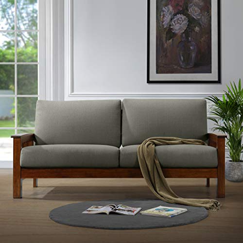Domesis Mission Style Sofa with Exposed Cherry Wood Frame in Dove Gray Linen