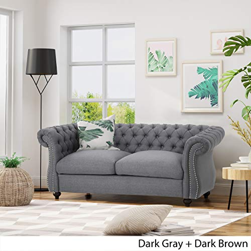 GDFStudio Christopher Knight Home Kyle Traditional Chesterfield Loveseat Sofa, Gray and Dark Brown, 61.75 x 33.75 x 27.75
