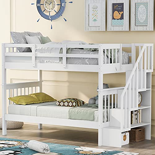 Twin Bunk Beds with Stairway, Full Length Guardrail Wood Bunk Beds for Kids (White (no Trundle), Twin Over Twin)