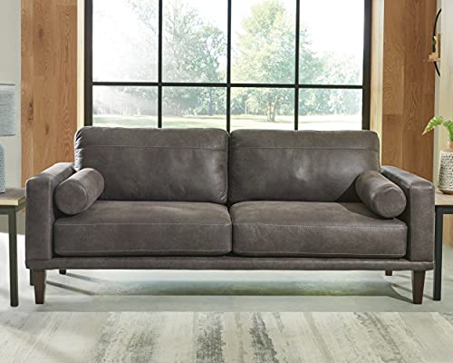 Signature Design by Ashley Arroyo Mid Century Modern Faux Leather Sofa, Dark Gray