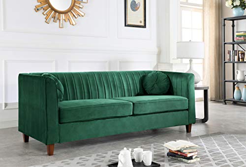 US Pride Furniture Soft Elegant High Density Foam 81’’ Wide Emerald Green Velvet Chesterfield Tight Back Living Room Removable Cushion & Solid Wood Legs (S5530-5535) Sofas