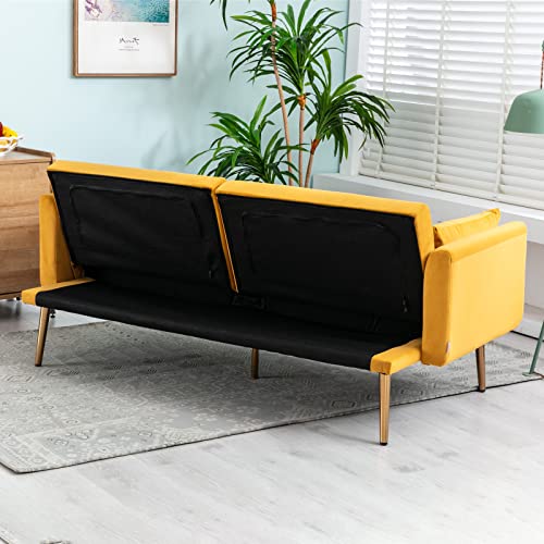 Holaki Modern Velvet Sofa,Comfortable Futon Sofa Bed Soft Velvet Fabric with Convertible Cushions,Metal Legs&Square Arms,Upholstered Loveseat Sofa,Convertible Sleeper Sofa for Living Room(Mango Color)