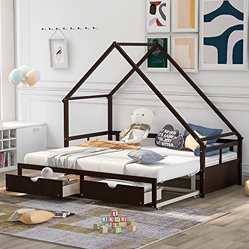 Wood Twin Size / King Size Bed Frame for Kids, House-Shaped Daybed with 2 Drawers, Storage Bed Frame for Boys and Girls, Extendabled from Twin to King.Espresso