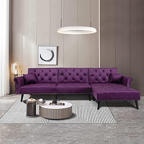 GAOPAN Elegant Velvet Upholstered Sectional Sofa L-Shaped Button Tufted Nails Decor Sofá with 2 Pillows Convertible Sleeper Couch Bed W/Reversible Chaise Longue for Living Room Furniture Sets, Purple