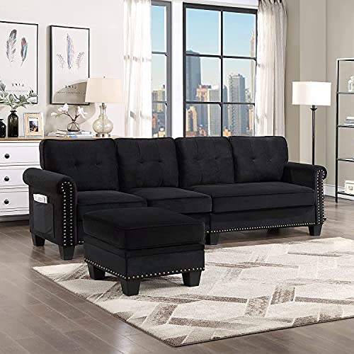 RINIMEI 4-Seat Upholstered Convertible Sectional Sofa Couch with Movable Storage Ottoman, Handy Side Pocket, Scrolled Arms & Nailhead Decor for Home Apartment Compact Space Living Room Furniture Set