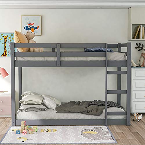 Bunk Bed Twin Over Twin, Classic Wood Low Bunk Bed with Guard Rail & Ladder, Kids Twin Bunk Bed for Boys, Girls, No Box Spring Needed, Easy Assembly, Gray