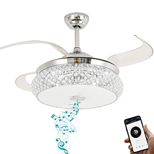 BAYSQUIRREL Retractable Invisible Ceiling Fan with Light and Bluetooth Speaker, Modern Bluetooth Fan Chandelier with Remote Control 7 Color Change 36W LED 42 Inch (Silver)