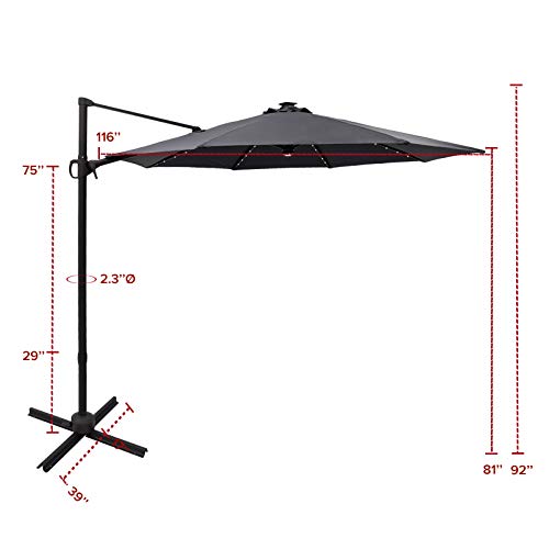 FLAME&SHADE 10 ft Cantilever Offset Outdoor Patio Umbrella with Solar LED Lights Base Stand Rotate and Tilt - Anthracite