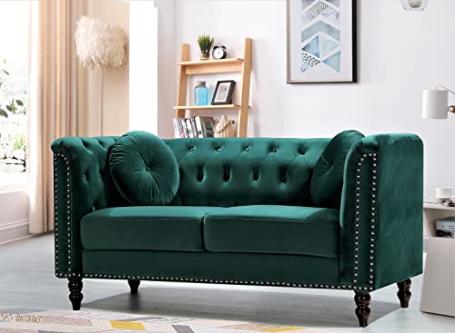 US Pride Furniture High Density Foam 64.17'' Wide Emerald Green Velvet Rolled Arm Chesterfield Living Room Loveseat with Removable Cushion & Solid Wood Legs (S5608-5613) Sofas