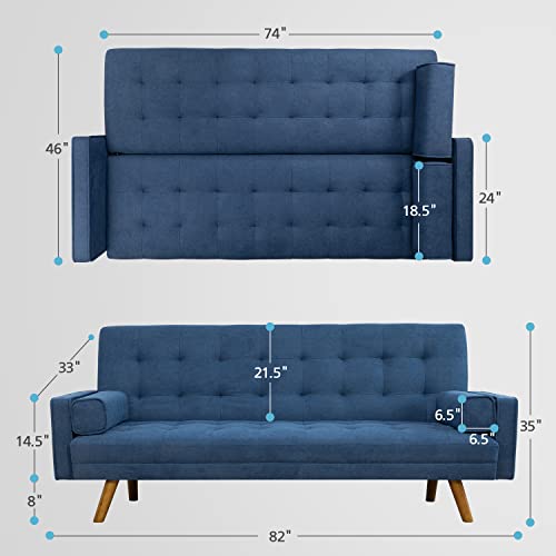 YESHOMY Upholstered Modern Convertible Couch Soft Pillow, Comfortable Futon Sofa Bed Suitable for Bedroom, Apartment, Dormitory Retro Style, Blue