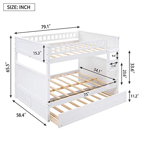 Bunk Beds Full Over Full with Trundle, Solid Wood Full Bunk Beds with Ladder, High Length Guardrail, No Box Spring Needed