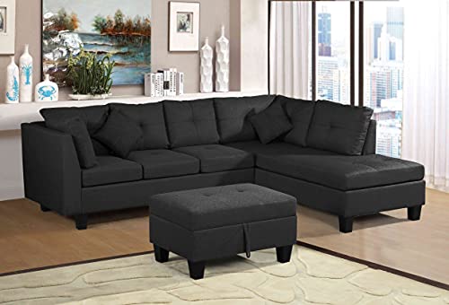 ATY L-Shape Sectional Sofa Set, Corner Couch Lounge, Pillows and Storage Ottoman, Living Room Furniture, Black Right-Facing Chaise