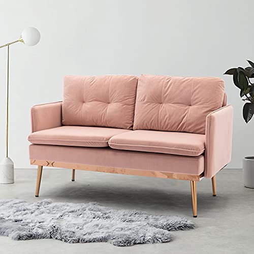 Velvet Sofa, Accent Couch for Living Room, for Apartment, Small Space, Solid Wood Frame, Golden Metal Legs, Easy Assembly, Modern Loveseat Sofa Design (Pink)
