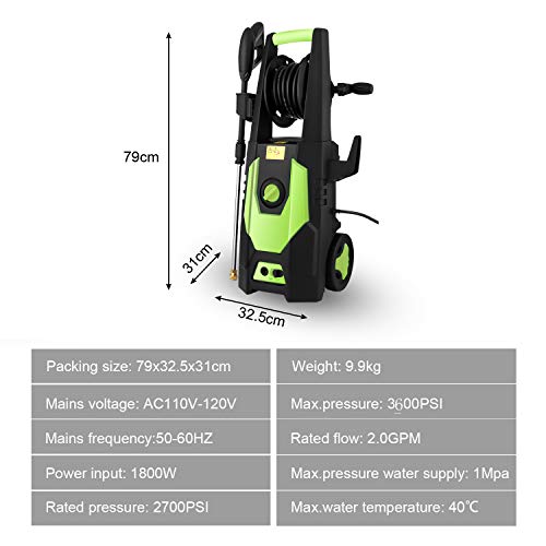 CHAKOR Pressure Washer 3600 PSI, 2.4GPM Power Washer Machine, 1800W High Pressure Cleaner with 4 Adjustable Nozzle, Spray Gun, Hose Reel, Brush (Green )