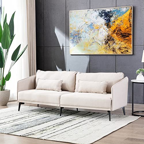 Modern Beige 3 Seater Sofa Couch, 74 inch Fabric Upholstered Sofa with Two Cushions, Sofa Furniture for Living Room Bedroom Office, Metal Leg