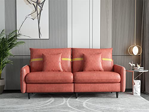 Solid Wood Sofa, Mid-Century Tufted Loveseat Couch with 2 Pillows Arms & Hidden Storage Bags Metal Legs, Living Room Couch for Compact Living Space Apartment, Easy Assembly (Orange)