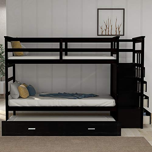 Bunk Bed Twin Over Twin, Wood Twin Bunk Bed Frame with Stairway Trundle and Storage Drawers,for Kids and Teen, White Finish (Espresso)