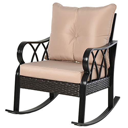 Outsunny Rattan Wicker Rocking Chair with Aluminum Frame, Soft Cushions, Classic Style for Garden, Patio, Lawn, Khaki