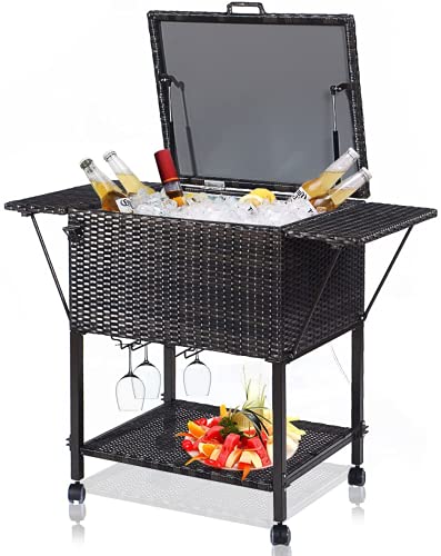 Nightcore 108 Quart Rattan Beverage Cooler Cart, Rolling Cooler with Shelf & Hanger, Ice Chest on Wheels, Portable Patio Backyard Cooler Trolley, Wicker Cooler Cart for Yard, Garden, Party