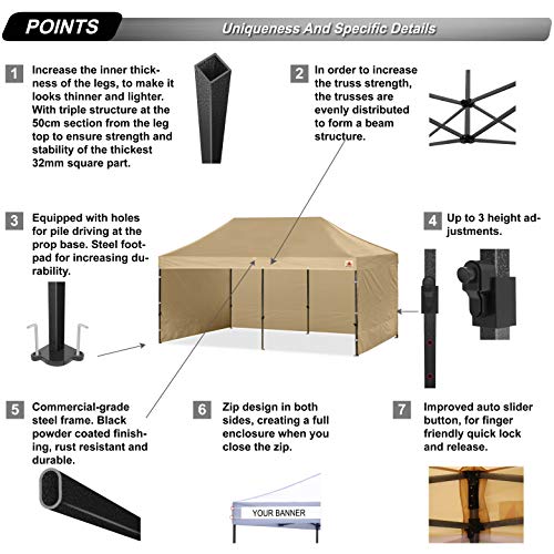 ABCCANOPY Heavy Duty Ez Pop up Canopy Tent with Sidewalls 10x20,Khaki