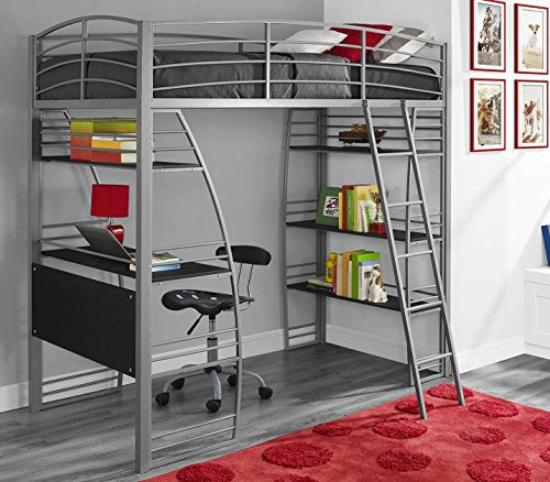 DHP Studio Loft Bunk Bed Over Desk and Bookcase with Metal Frame - Twin (Gray)