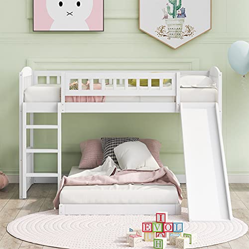 Kids Bunk Bed with Slide, Twin Over Twin Bunk Bed with Slide and Ladder, Wood Low Bunk Bed Frame for Girls & Boys (White)