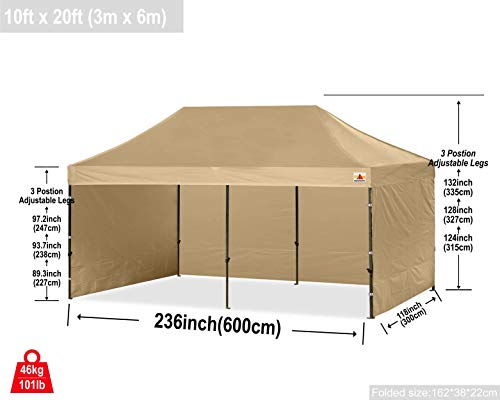 ABCCANOPY Heavy Duty Ez Pop up Canopy Tent with Sidewalls 10x20,Khaki