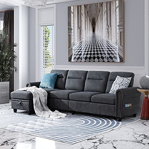 JAMFLY Convertible Sectional Sofa Couch with Reversible Chaise, L-Shaped Couch 4-seat Sofas with Modern Chenille Fabric for Living Room(Drak Grey)