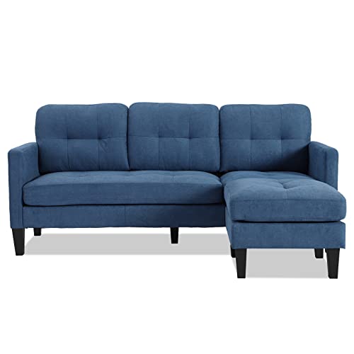 MAGIC UNION Sectional Sofa Set Blue Convertible L-Shape Couch with Reversible Ottoman, Modern Linen Fabric Sofa Couch for Small Living Room, Apartment, Office (Blue)