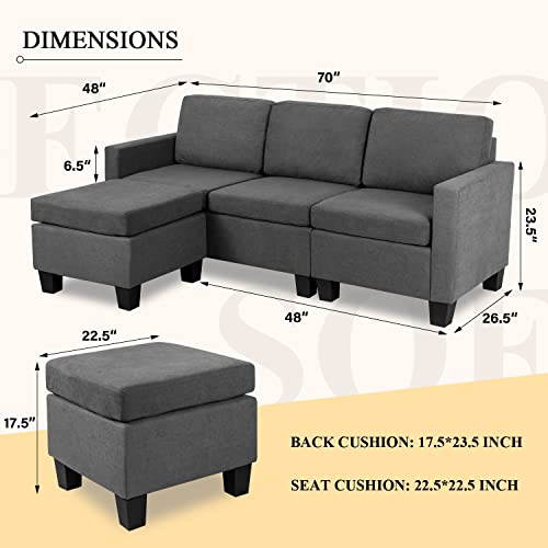 YESHOMY Convertible Sectional Sofa with Comfortable Backrest,L-Shaped Couch with Modern Cotton Fabric for Living Room, Dark Grey