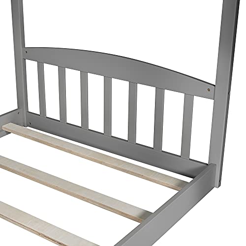 Twin Over Twin Bunk Beds with Slide and Storage Stairs, Solid Wood House Bed Frame for Kids, Teens, Bedroom (Gray)