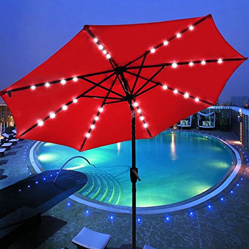 Koonlert@shop 9ft Outdoor Patio Solar Power LED Aluminium Umbrella Sunshade UV Blocking Hand-Crank Tilt - Set of 4 Red #915