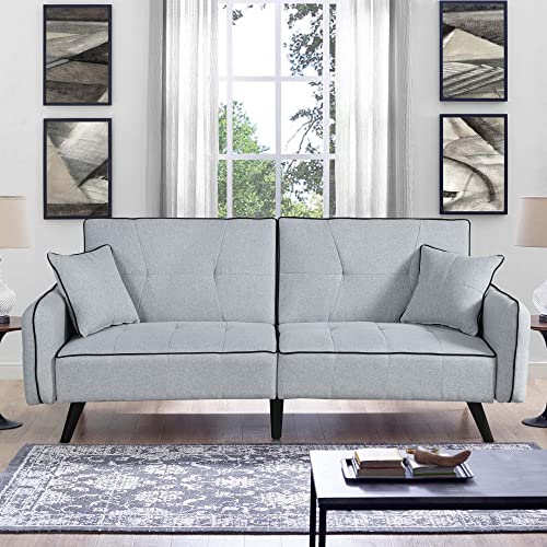 RARZOE 75“ Modern Fabric Linen Upholstered Convertible Bluetooth Speaker Folding Futon Couch Sofa Bed, Foldable Loveseat Split Back Furniture Sleeper Sofa Bed for Compact Small Space Living Room(Grey)
