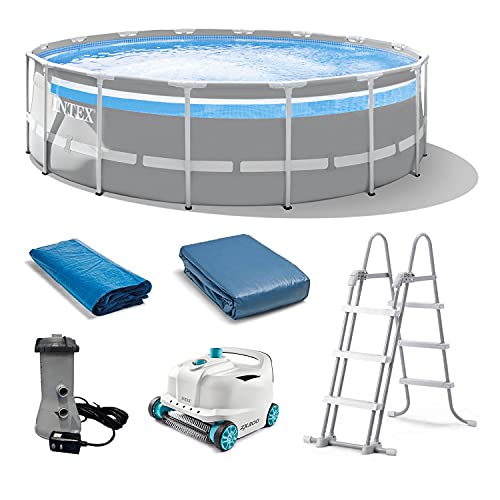 Intex 26729EH 16 Foot by 48 Inch Clearview Prism Frame Above Ground Swimming Pool with Filter Pump, Ladder, Cover, Ground Cloth & Robot Vacuum Cleaner