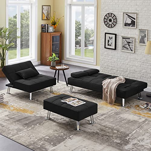 3 Pieces Convertible Sectional Sofa Couch, L-Shaped Sectional Sofa Bed with Two Cup Holders and Ottoman, Tufted Fabric Sofa with Removable Armrest, Modern Living Room Sofa Furniture Set (Black)