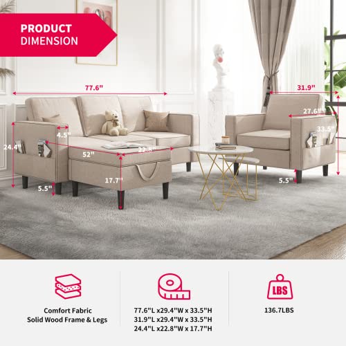 MUZZ Sectional Sofa Set - Sectional Couch with Storage Ottoman and Pockets, Convertible Sofa Couch for Living Room, Living Room Furniture Set, Sofa + Chair + Ottoman (Beige)