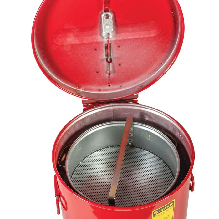 Justrite 2 Gallon, Wash Tank with Basket for Small Parts Cleaning, Self-Close Cover with Fusible Link, Steel