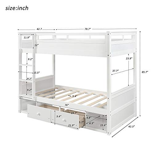 Bunk Beds Twin Over Twin, Solid Wood Bunk Beds with Storage Drawers, No Box Spring Needed