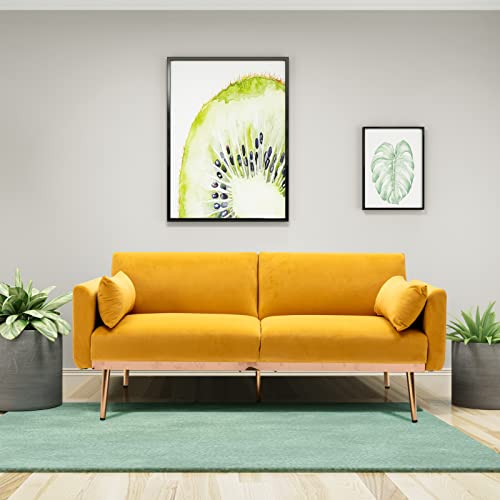 Modern Sofas Couches with 2 Pillows Velvet Sofa Bed with Armrest Adjustable Loveseat Sofabed with Metal Feet Accent Sofa Chair with Cushion Reclining Sofa Bed for Living Room Apartment (Yellow)