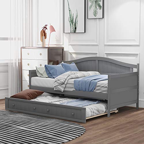 LZ LEISURE ZONE Twin Daybed with Trundle Bed, Wood Sofa Bed for Bedroom Living Room, No Box Spring Needed (Twin Daybed with Trundle, Grey)