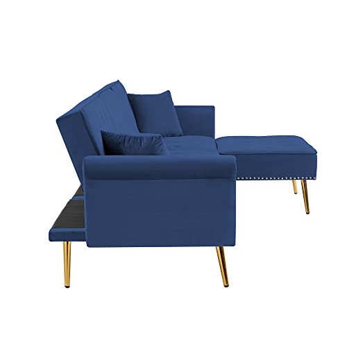 Zushule Convertible Sectional Couch with Chaise Lounge for Living Room, Comfy Velvet Fabric L-Shaped Reversible Reclining Sofa with 3 Seats and Pillows (Navy Blue with Golden Leg)