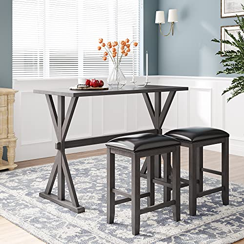 Harper & Bright Designs 3-Piece Counter Height Dining Set, Wood Kitchen Dining Table Set with 2 Upholstered Stools for Small Places (Gray+Black)