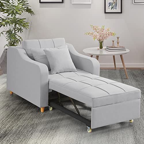 Vicluke Upgrade Convertible Chair Bed, 3-in-1 Pull Out Sleeper Chair with Adjustable Backrest, Linen Sofa Bed with 2 Pillows, Folding Single Bed Armchair for Livingroom, Apartment (Light Grey)