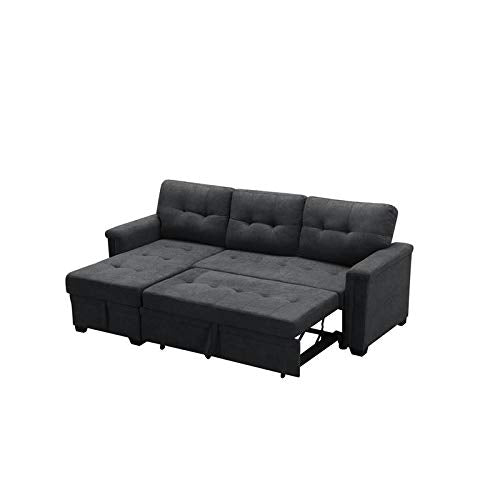 MAKLAINE Contemporary Dark Gray Fabric Reversible/Sectional Sleeper Sofa with Storage and USB Charger