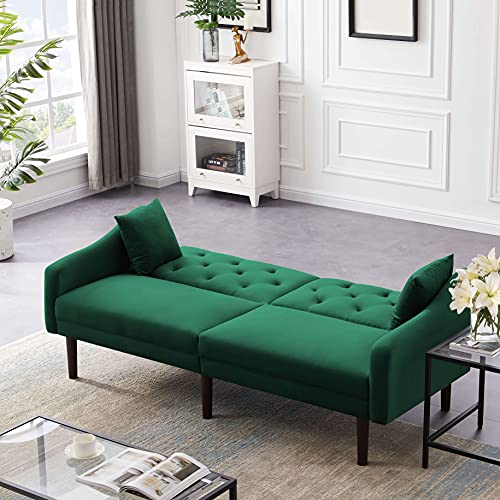 CUSMOR Convertible Sofa Couch, Velvet Sofa Bed Loveseat, Folding Sleeper Sofa for Small Space, Living Room, Bedroom, Apartment, Dorm (Green)