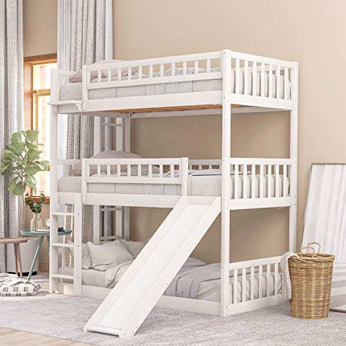 Harper & Bright Designs Bunk beds with Slide Bunk Bed Twin-Over-Twin-Over-Twin Triple Bed with Built-in Ladder for Kids and Toddlers,Wood Bunk Bed with Guardrails,No Box Spring Needed，White