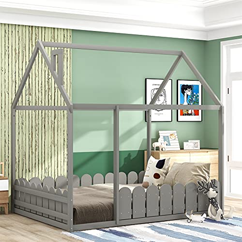 House Bed for Kids, Full Size Bed with Roof and Fence, Wood Bed Frame for Kids, Teens, Girls & Boys, Easy Assembly (Gray)