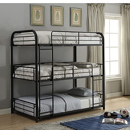Triple Bunk Beds, Full Over Full Over Full Metal Bunk Bed Frame for Kids, Teens, Adults, Girls, Boys, Sandy Black