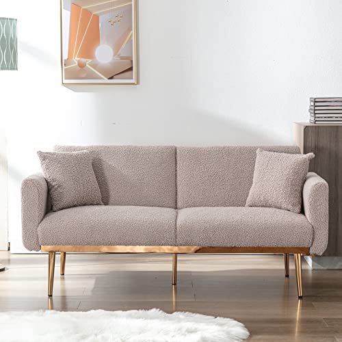 Homtique Convertible Futon Sofa Bed Sherpa Fabric Sofa Couch with 2 Pillows, Folding Reclining Futon Couch for Living Room, Apartment, Bedroom, Bonus Room, Adjustable Loveseat with Armrests